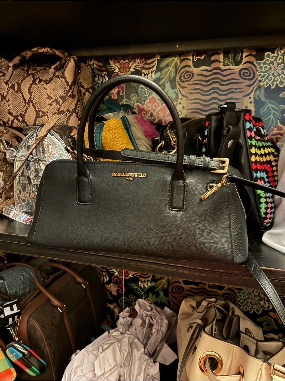 Karl Lagerfeld Black Structured Leather Satchel with Gold Hardware